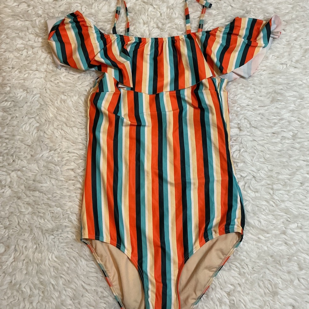 Albion Fit One Piece Swimsuit Womens Medium Multicolor Stripe Ruffle Excellent